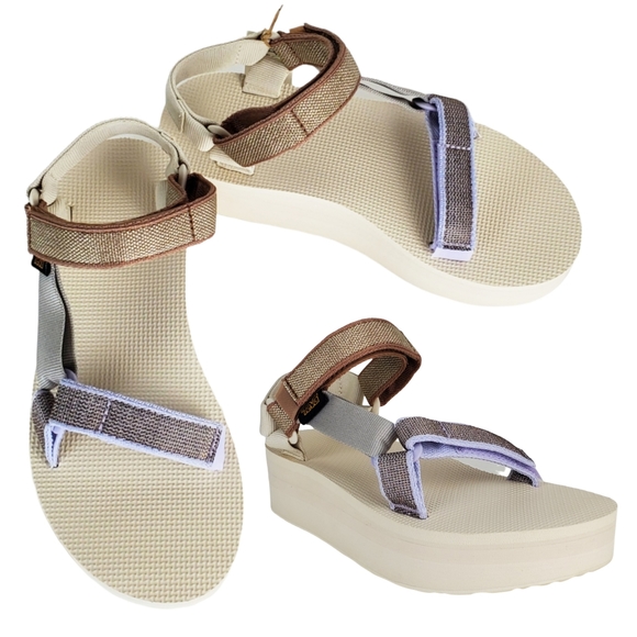 NWB Teva flatform universal karina strappy sandals macaroon metallic multi - Picture 4 of 15